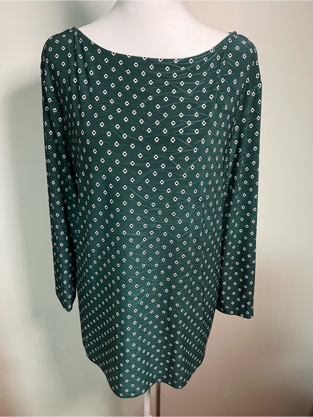 Women's Forest Green Long-Sleeve Boatneck Blouse with Diamond Print